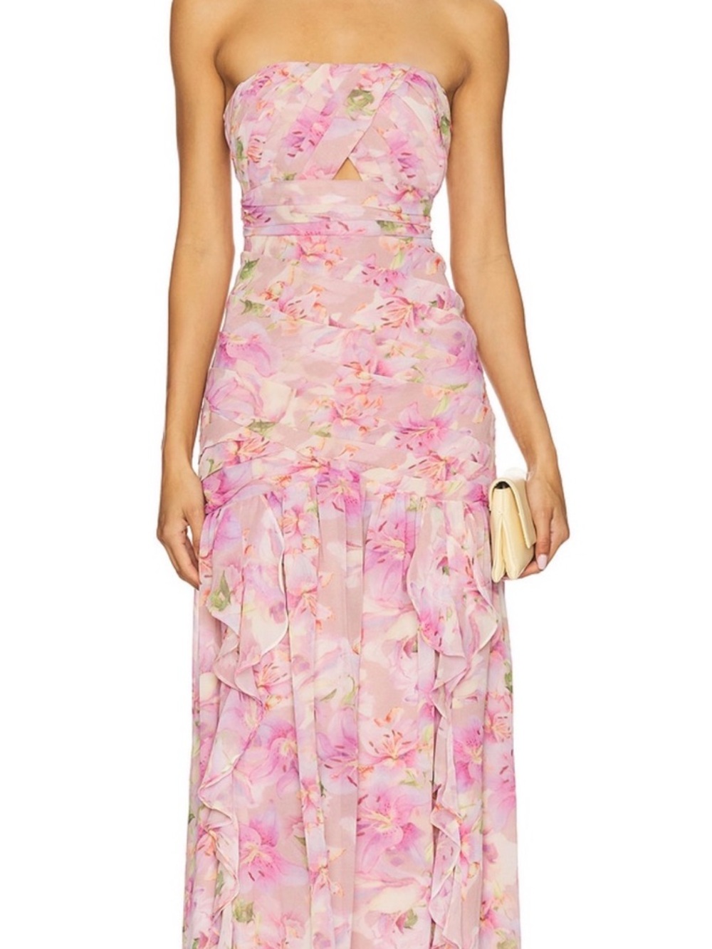 Astr The Label Estefany Strapless Pink Floral Ruffle Maxi Dress